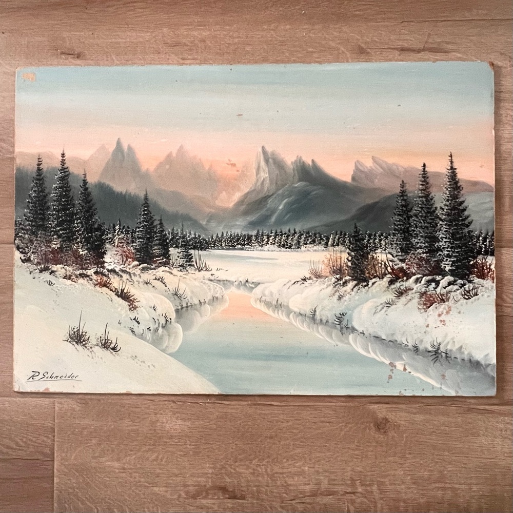 Original R. Schneider Signed Oil Painting, Snow River,‎ 1950s-1980s, Unframed